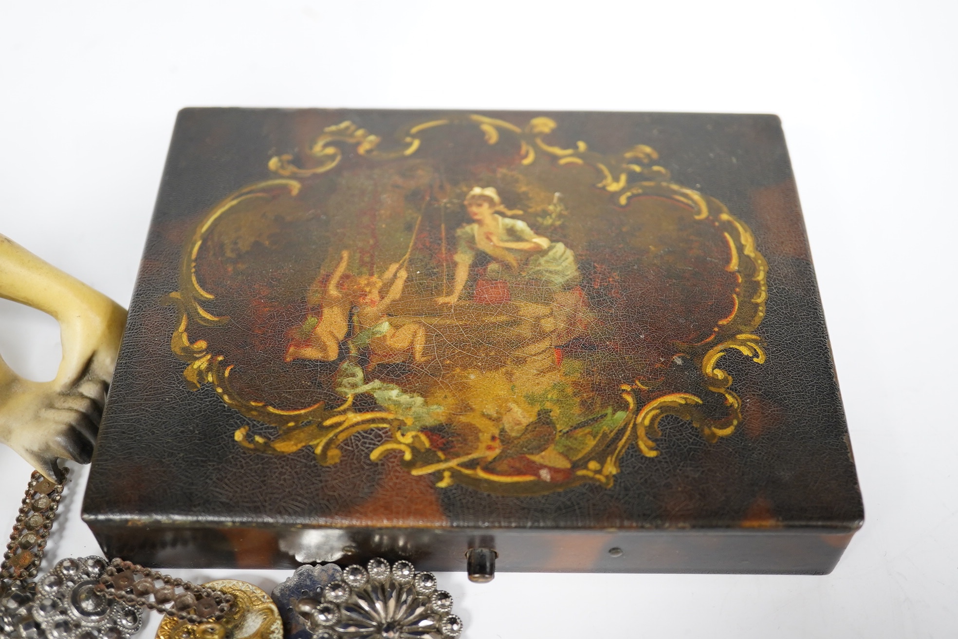 A Victorian papier mache box, a foreign porcelain novelty monkey and cut steel buttons, largest 13cm wide. Condition - fair